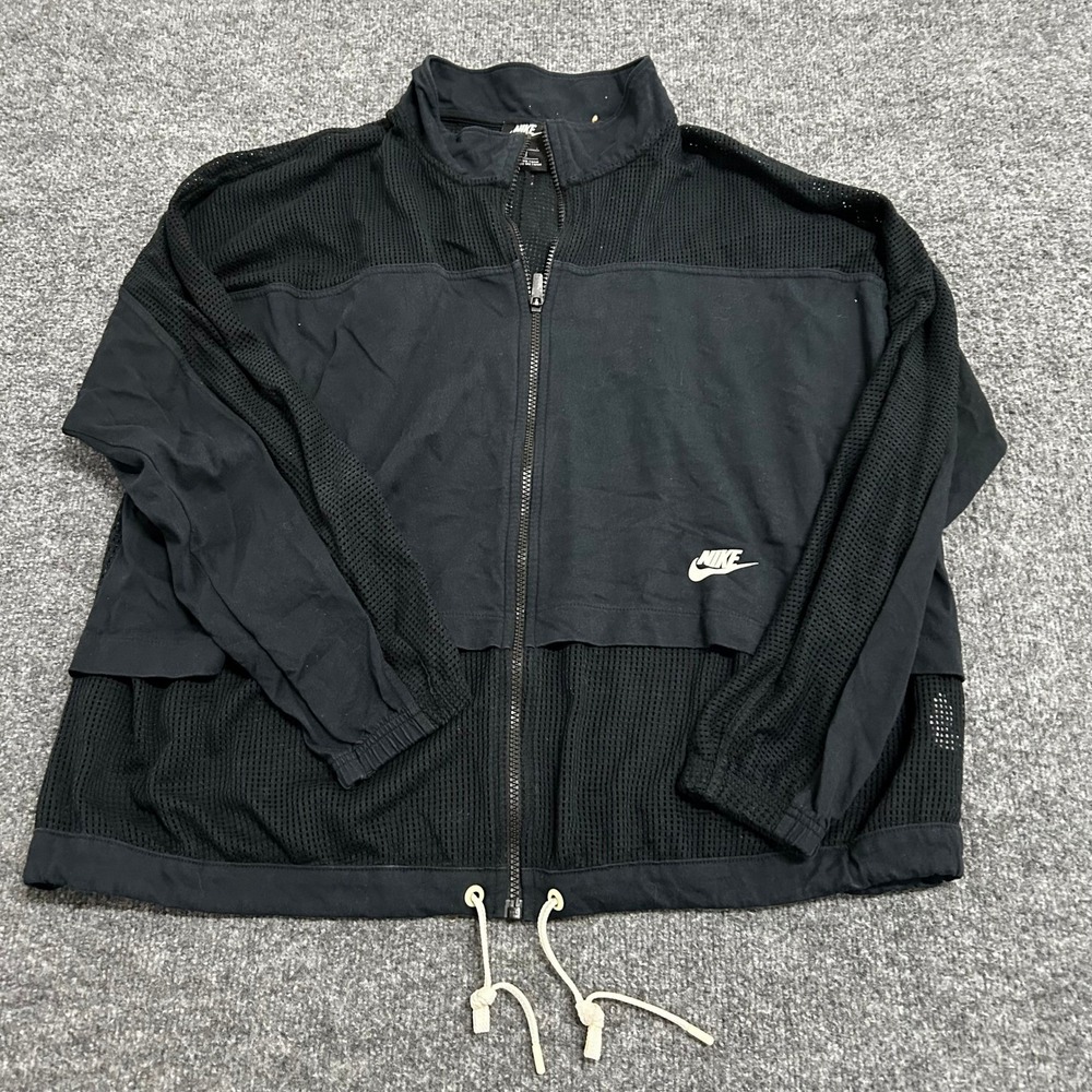 Nike Jacket Womens Size 2X Black Mesh Paneled Full Zip Drawstring Athletic Sport